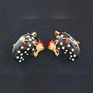 Enamel Earrings Black & Red Enamel Chunky Gold Panther with Clear Rhinestones